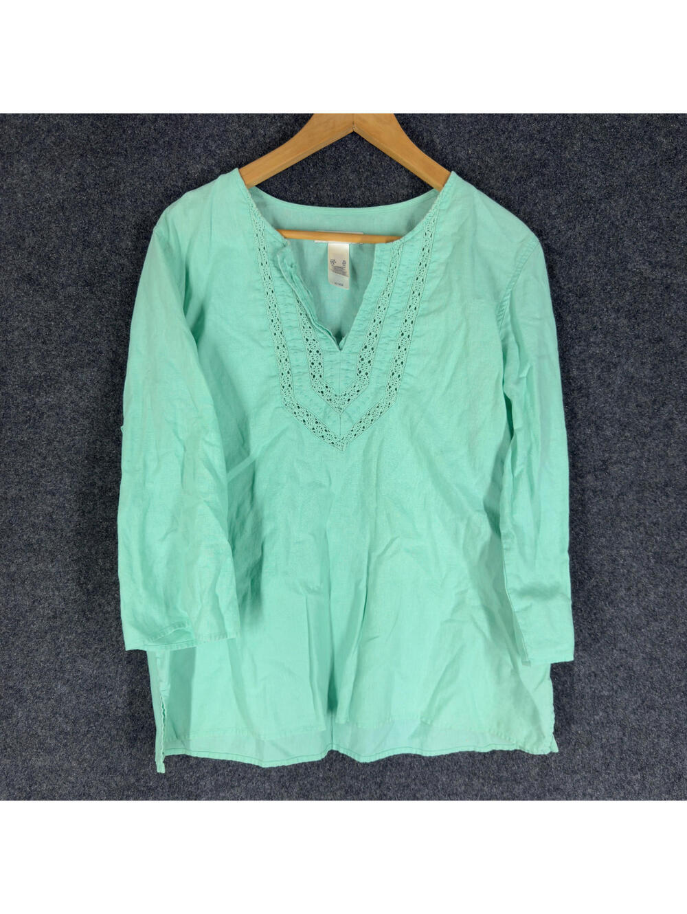 Crazy Horse Blouse Women XL Blue V-Neck 3/4 Sleeve Linen Pullover Casual Solid